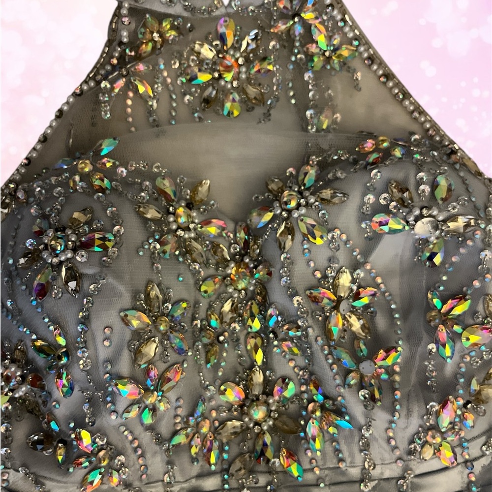 Silver Ruched Halter Prom Dress - Picture 4 of 14